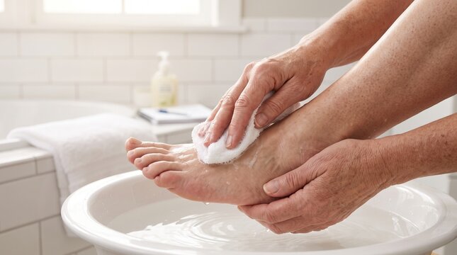 Ultra realistic close-up of daily diabetic foot washing routine for complication prevention