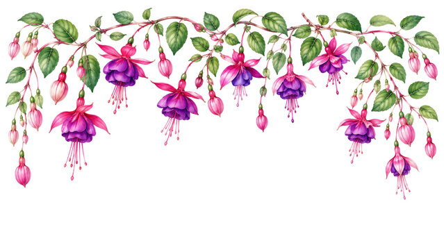 Fuchsia Flower Watercolor Border Garland with Green Leaves