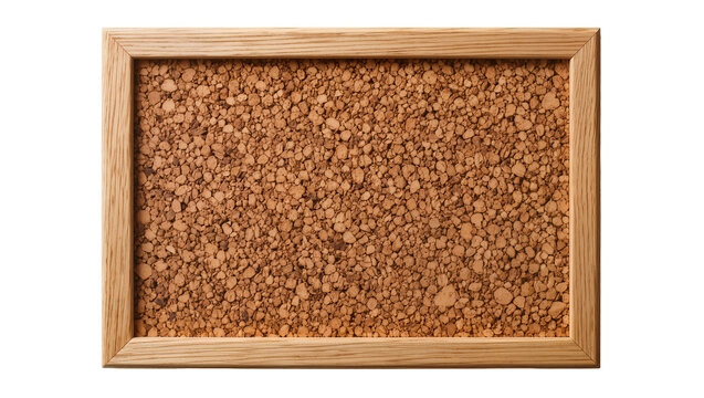 Rectangular cork board with wooden frame, isolated on transparent background