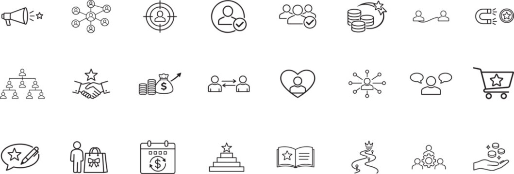 Loyalty marketing line icon set with referral, cashback and retention symbols, editable stroke.