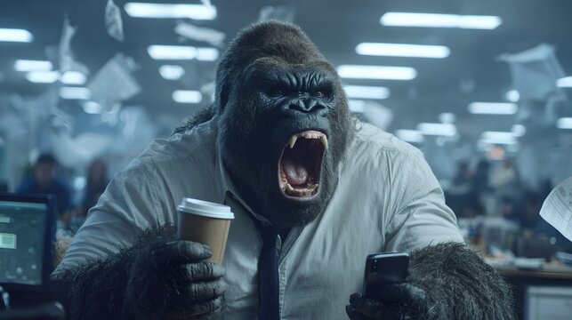 Angry gorilla in a shirt and tie in an office setting, holding a coffee cup and smartphone, with papers flying in the background