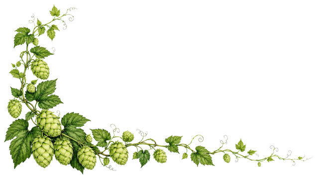 Hops Botanical Corner Border with Green Leaves and Cones