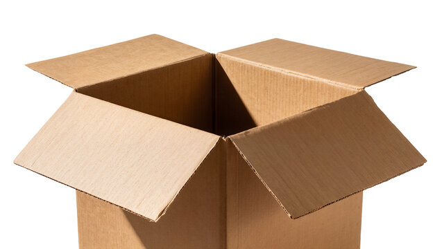 Open cardboard box with flaps extended, isolated on transparent background