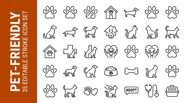 Minimalist stroke pet-friendly icons featuring paw prints, dogs, houses, bones, food bowls, medical crosses, stethoscopes, carriers, care.