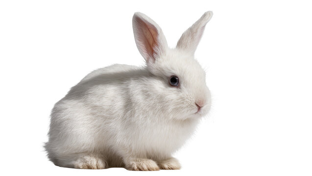 Fluffy white rabbit sitting, isolated on transparent background