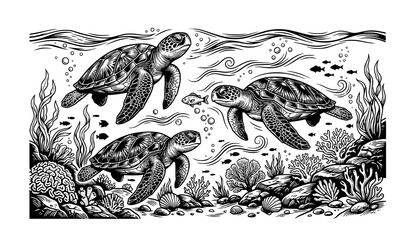 Black and White Sea Turtle Hunting Underwater Monochrome Vector Illustration Marine Wildlife Design © Anisur