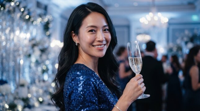 Elegant woman in a sparkly blue dress holding a champagne flute at a formal event