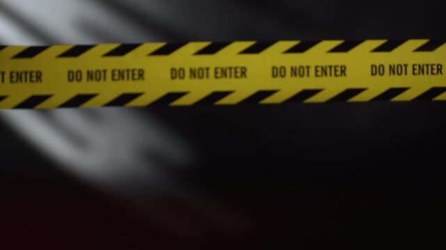 Rack Focus Shifting from Blurry Slanted Window Streak Shadow to Clear Do Not Enter Caution Tape at Dark Room Crime Scene at Night, Ominous Creepy Mood with Flashing Police Siren⁠
