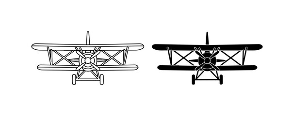 Vintage Biplane Vector Icons, Retro Aircraft Silhouette, Classic Aviation Art © Jahid