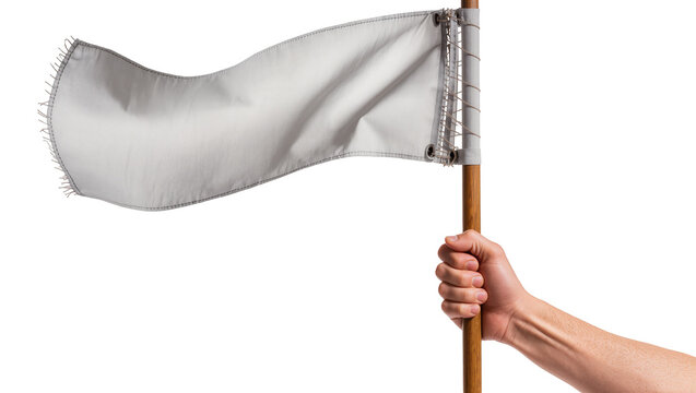Human hand holding wooden pole with white fabric flag, isolated on transparent background