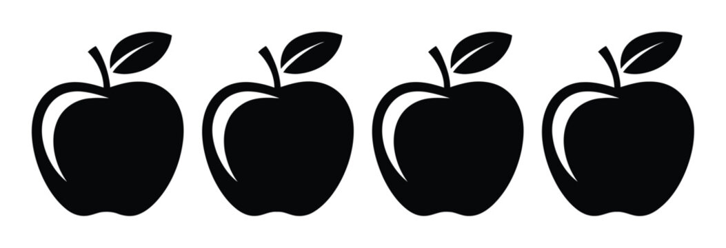 Una fila de cuatro manzanas negras simples aisladas sobre un fondo blanco