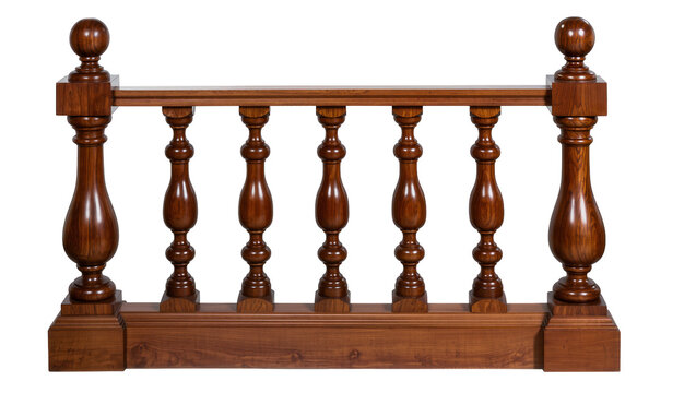 Ornate wooden balustrade with turned spindles and finials, isolated on transparent background