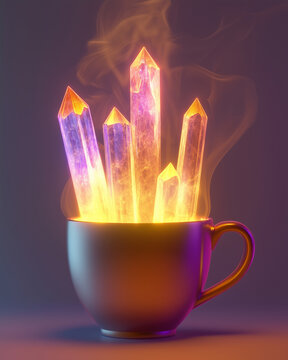 Glowing magic crystals in a coffee cup fantasy illustration