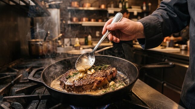 Chef butter basting pan seared ribeye steak in cast iron skillet