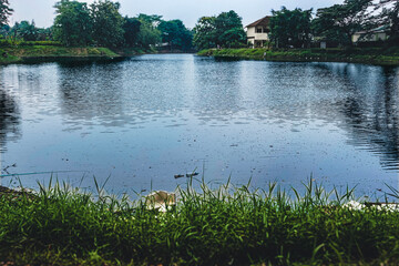 Peaceful lake surrounded by lush green trees and waterside houses with gentle water reflections. Ideal for nature, landscape, travel, environment, and outdoor themes © Arie