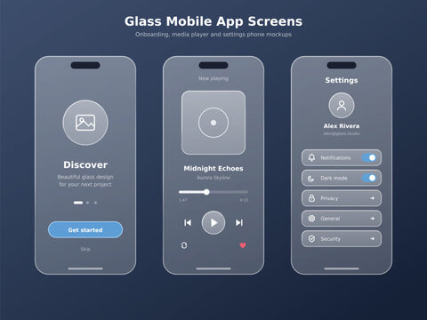 Glass Mobile App Screens Collection with Frosted Login Dashboard Profile and Settings Interfaces Designed in Trendy Glassmorphism Style for iOS and Android Applications