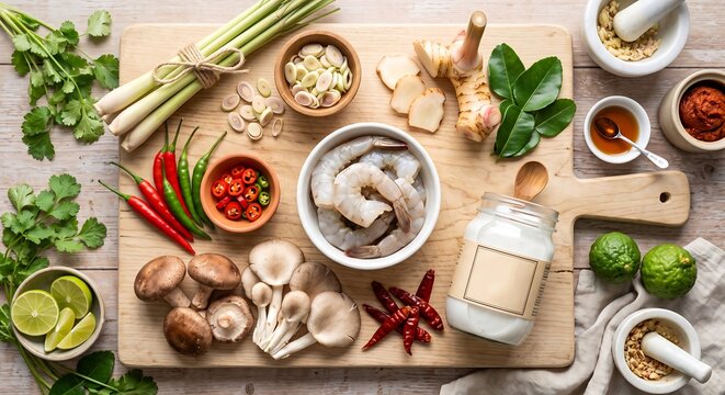 Raw shrimp with lemongrass, galangal, lime and mushroom on wooden cutting board. Preparation of Thai tom yum soup ingredients. Culinary concept for authentic Asian food cooking.