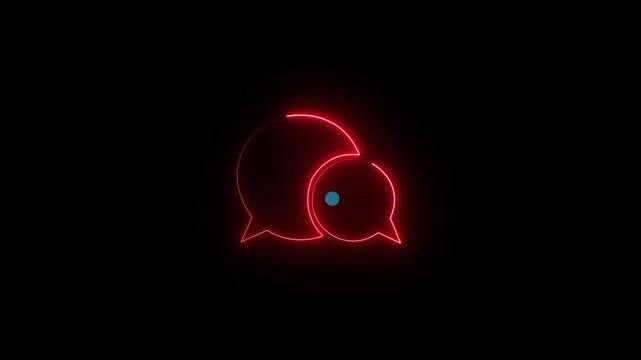 Neon chat bubble icon glowing red and blue  message symbol with dots on dark background. Glowing, neon red and blue color bubble message box icon animation sign symbol on black background