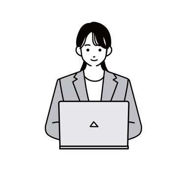 パソコンの前で穏やかな表情をするスーツ姿の女性のバストアップイラスト