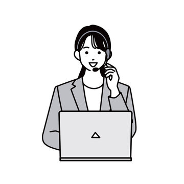 コールセンターをイメージしたスーツ姿の女性がパソコンの前で電話対応するバストアップイラスト