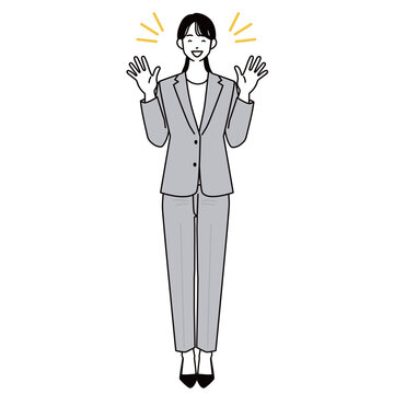 両手を上げて喜ぶスーツ姿の女性の全身イラスト