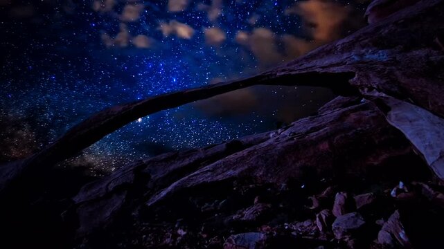 Vibrant Milky Way core arching over cholla cactus garden under deep blue starry night sky in desert wilderness.