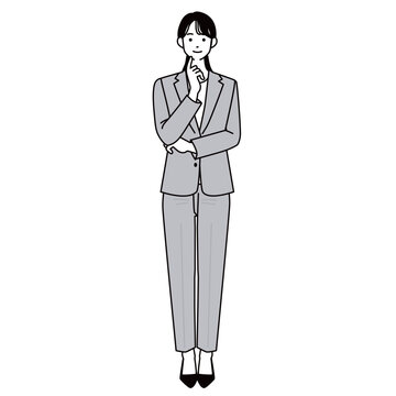 あごに手を当てて考え事をするスーツ姿の女性の全身イラスト