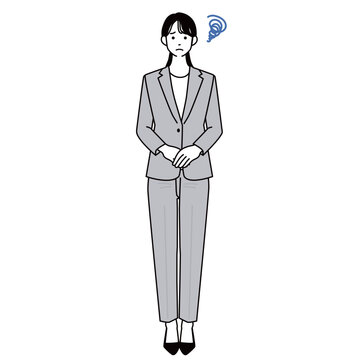 手を前で組み困った表情を浮かべるスーツ姿の女性の全身イラスト