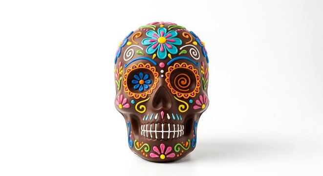 Decorated chocolate sugar skull for Day of the Dead celebration. Traditional Mexican handcrafted death mask with colorful floral pattern. Festive cultural holiday symbol of mortality.