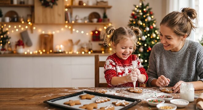 Woman and little girl decorating gingerbread cookies in kitchen. Happy mother and daughter baking together for Christmas celebration. Cozy holiday home activity and family tradition.