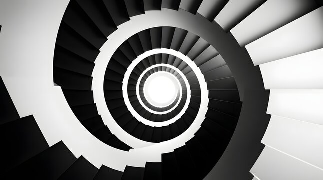 Abstract spiral staircase with high contrast black and white steps