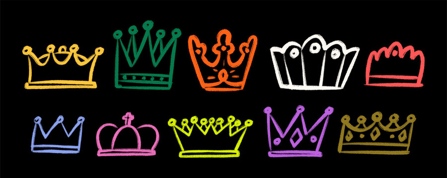 Grafitti Bold Colorful Crown Sticker Set. Queen and King Crown Icon Kit. Graffiti Baby Crown Collection. Hand Drawn Vector Illustration