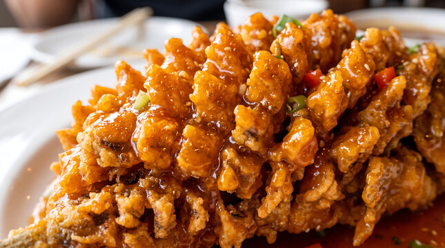 Crispy Deep-Fried Squirrel-Shaped Mandarin Fish Glazed in Glossy Sweet and Sour Sauce Close-Up