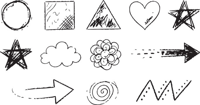 Set of messy sketch doodle shapes including circle, square, triangle, heart, star, cloud, flower, arrows, and zigzag line.