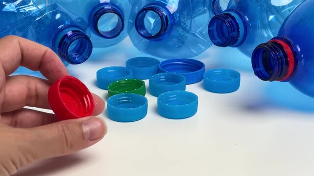 Woman's hand sorting colorful plastic bottle caps for recycling and environmental concept