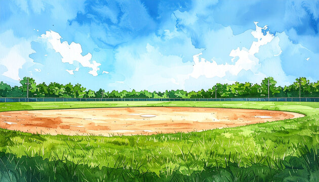 野球場のグラウンドと青い空の水彩画風イラスト　スポーツイベントのチラシやWebサイトの背景に活用できるコピースペースのある風景素材