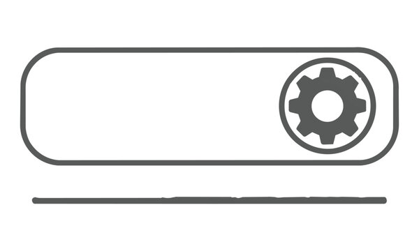 Minimalist interface element featuring a rounded rectangle input field with a gear cog icon above a horizontal line isolated on white. User interface design concept