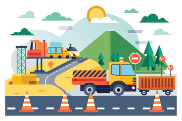 Fototapeta premium Road construction scene with vehicles and safety signs. Construction site with heavy machinery and traffic cones.