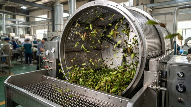 Green tea leaves inside industrial air drying machine in manufacturing factory.