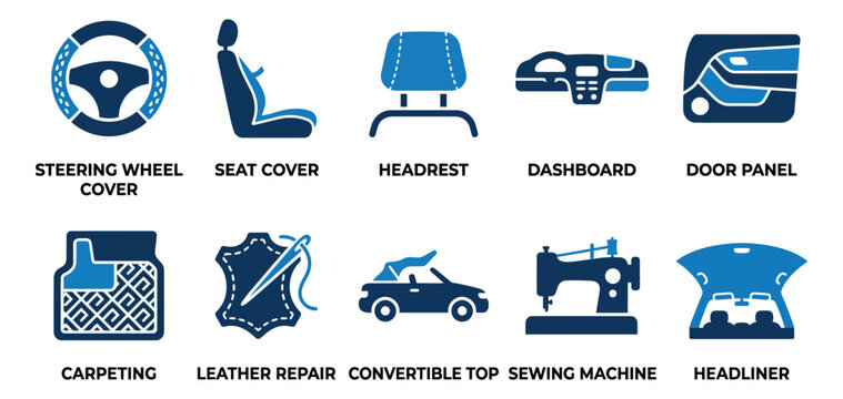 Set of blue car interior repair and upholstery icons featuring steering wheel cover seat and dashboard Minimal solid fill icon set bundle collection. Editable Vector Illustration Mega pack