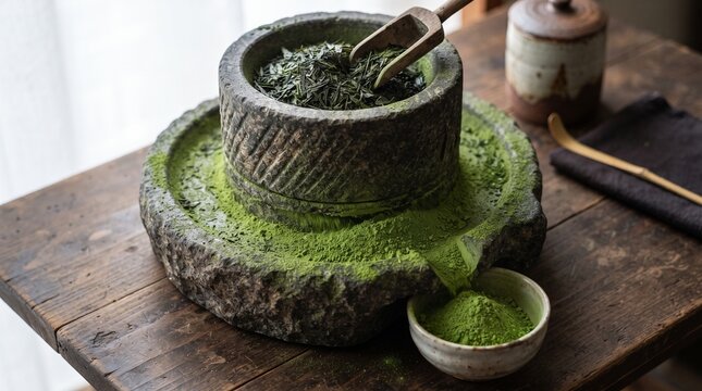 Traditional granite stone mill grinding green tea leaves into fine vibrant matcha powder.