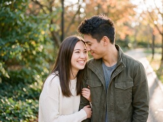 Fototapeta premium Young couple walking together in a sunny park with autumn trees