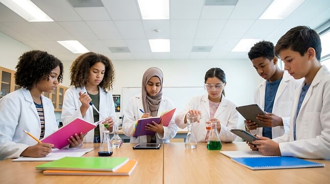 Multi-ethnic group of high school students conducting a chemistry science experiment in the classroom