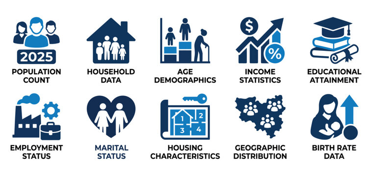 Set of ten demographic data and population statistics icons showing social trends and human figures Minimal solid fill icon set bundle collection. Editable Vector Illustration Mega pack