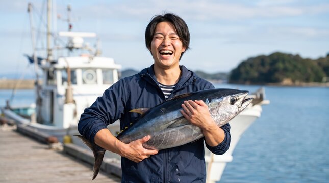 Cheerful Asian fisherman proudly holding a freshly caught big tuna fish at the harbour dock port with fishing boat background during successful seafood harvest