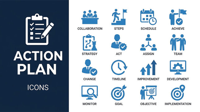 Action plan icon set with strategy and goal implementation
