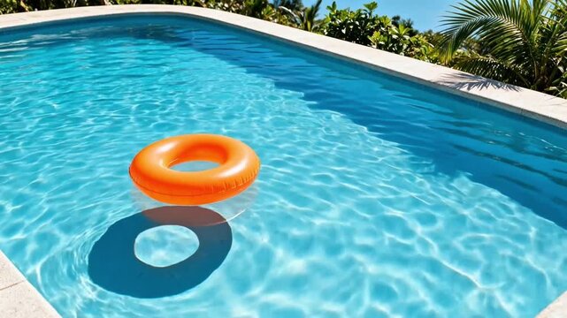 Orange inflatable ring floating in clear blue outdoor swimming pool