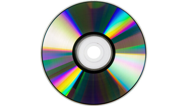Shiny compact disc with rainbow spectrum reflections, isolated on transparent background