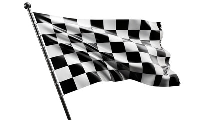 Waving checkered racing flag on pole, isolated on transparent background © Iura