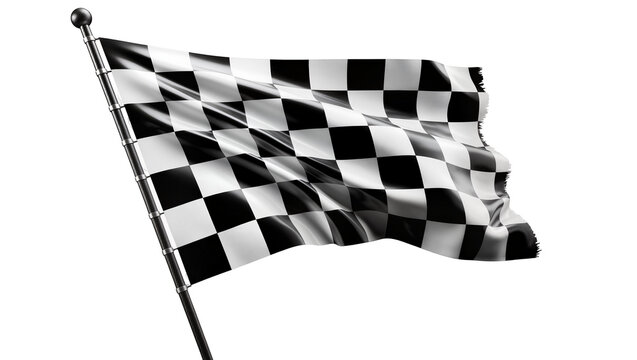 Waving checkered racing flag on pole, isolated on transparent background